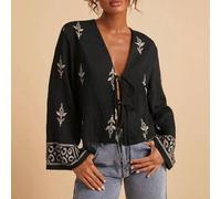Shein Blusa negra tejida con escote en V profundo, mangas acampanadas y estampado all over para mujer. Blusa bohemia con lazo delantero, adecuada para vacac