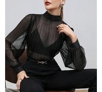 Shein Blusa negra transparente de cuello alto con mangas farol (sujetador no incluido), blusa casual, camisa de frente abierto de moda para ir al trabajo, r