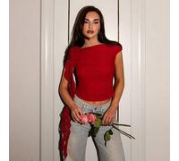 Shein Blusa nueva de mujer para primavera/verano, blusa corta y ajustada con hombros descubiertos, decoración de flores 3D rojas de San Valentín, elegante y