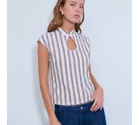 Shein Blusa sin mangas con rayas verticales que presenta un cuello mao y un escote con botón decorativo chino. Ideal para primavera, verano, Pascua, uso cas