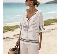 Shein Blusa suelta de mujer con estampado en escote en V, estilo de vacaciones, tejido de moda casual francés, playa, nueva