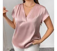 Shein Blusa suelta de satén de manga corta y hombros recogidos con cuello en V para mujer talla grande, estilo francés elegante y casual para vacaciones o t