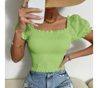 Shein Blusa superior con parche, cuello cuadrado, bordado de ojal y mangas abullonadas, de unicolor para mujer