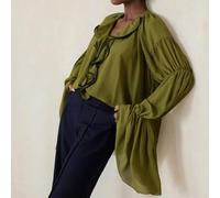 Shein Blusa verde oliva con cuello en V, ribete de volantes y puños de manga de loto, estilo elegante y artístico para paseos de otoño y charlas de café
