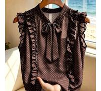 Shein Blusa versátil de gasa con estampado de lunares blancos sobre fondo marrón café clásico, cuello con lazo y nudo, panel delantero con decoración de vol