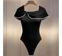 Shein Body ajustado con cuello asimétrico de parche de cinta y perla, moda minimalista para mujer primavera/verano