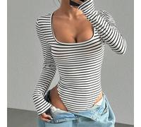 Shein Body casual de manga larga con cuello boxy a rayas para mujer, otoño