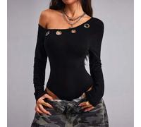 Shein Body de mujer para primavera/verano - Top asimétrico de un hombro con detalles de ojetes metálicos, estilo ajustado y ceñido al Body en color negro, e