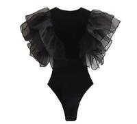 Shein Body elegante de verano para mujer con ajuste ceñido, con elementos románticos, malla negra, volantes y empalmes, básico y sexy