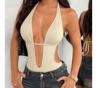 Shein Body negro de cuello en V profundo y espalda descubierta con lazo, súper elástico y suave, cómodo para usar de forma casual en la playa, vacaciones y