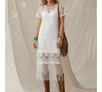 Shein BOHO Casual Western Country Lace Music Festival Vacation Women's Summer Basic Outfit, Short Sleeve 2-Piece Midi Dress For Daily, Commuting Cowgirl Out