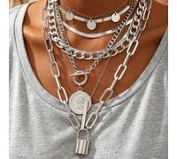 Shein BOHO Juego de 6 piezas/3 piezas de collares de plata de estilo bohemio vintage francés elegante de moda hip hop para vacaciones con hebilla exagerada,