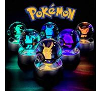 Shein Bola de cristal Pokémon 3D con lámpara base de Pokebola, figura de cristal de Pikachu, Mew y Mewtwo, luz nocturna LED, decoración y regalo de cumpleañ
