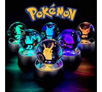 Shein Bola de cristal Pokémon 3D, lámpara de base con figura de Pikachu, Mew y Mewtwo dentro de una Pokebola de cristal, luz nocturna, regalo de cumpleaños