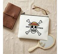 Shein Bolsa de cosméticos de lona de los Piratas del Sombrero de Paja de One Piece, estuche con cremallera con estampado de Jolly Roger dibujado a mano para
