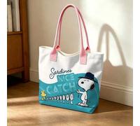 Shein Bolsa de lona con estampado de Snoopy de Peanuts "Nice Catch Fishing", bolso de hombro blanco y verde azulado para uso diario