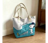 Shein Bolsa de lona con estampado de Snoopy de Peanuts pescando sardinas, bolso de hombro blanco y verde azulado para uso diario