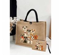 Shein Bolsa de lona con lindo patrón de perro de dibujos animados, bolsa de compras de lino amarillo con cordón, bolsa cosmética, regalo de Navidad, bolso d