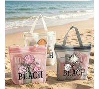 Shein Bolsa de malla con estampado de letras "Take Me To The Beach", bolsa de almacenamiento hueca, adecuada para baño, drenaje, artículos de tocador, almac