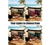 Shein Bolsa de malla para la playa con texto "Beach_please", bolsa de maquillaje portátil para lápiz labial y cojín, bolsa de aseo con diseño costero, bolsa