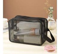 Shein Bolsa de mano de malla negra transparente, neceser para hombres, bolsa de viaje esencial portátil para toalla, pasta de dientes, artículos de tocador,