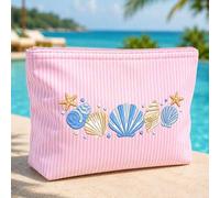 Shein Bolsa de maquillaje 2D nueva vintage con patrón de rayas rosa y blanco con conchas y estrellas de mar, impresa con el tema "Estrellas de mar & Conchas