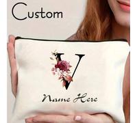 Shein Bolsa de maquillaje con alfabeto floral personalizable, regalo perfecto para damas de honor, maestros y amigos; esencial para ceremonias de graduación