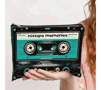 Shein Bolsa de maquillaje con estampado plano 2D retro "She's So Unusual" con diseño de cinta de casete de los 80, regalo divertido de cultura pop, perfecto