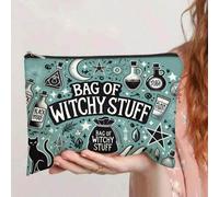 Shein Bolsa de maquillaje con temática de bruja mística - Bolsa cosmética con cremallera y ligera con estampado de bruja por ambos lados, vibraciones de bru