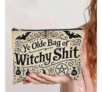 Shein Bolsa de maquillaje estilo bruja misteriosa, bolsa de almacenamiento de cosméticos ligera con cremallera, estampado de tema de bruja de doble cara, at