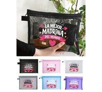 Shein Bolsa de maquillaje multifuncional con texto "LA MEJOR. MADRINA DEL MUNDO" y patrón de amor maternal, adecuada para clips, diademas, cojín rojo, bolsa