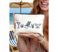 Shein Bolsa de maquillaje personalizada con diseño de "Last Toast Of The Coast" - Bolsa de cosméticos reutilizable con diseño, con gafas y conchas marinas,