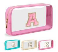 Shein Bolsa de maquillaje personalizada con inicial clara y pequeña, parche de chenilla con letra del alfabeto A-Z, bolsa de cosméticos de nylon estilo univ