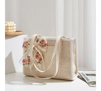Shein Bolsa de playa con adorno de lazo bordado floral, bolsa de hombro casual portátil de gran capacidad para mujer, perfecta para exteriores, viajes, sali