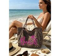 Shein Bolsa de playa de gran capacidad con estampado de leopardo y patrón de playa y árbol de coco, diseño de lentejuelas brillantes, bolso de hombro de mod