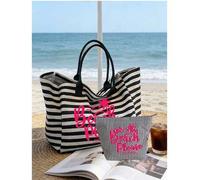 Shein Bolsa de playa de gran capacidad con rayas negras y blancas, estampada con patrón de árbol de coco y letras, bolsa de hombro de lona plegable, imperme
