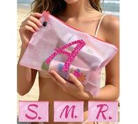 Shein Bolsa de playa de malla impermeable de color rosa rojo, bolsa de maquillaje con impresión de letra artística en forma de corazón rosa rojo de A-Z, tem