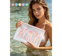 Shein Bolsa de playa de moda impermeable color macaron con patrón de letras "Beach" coloridas. Bolsa de maquillaje transparente de gran capacidad, bolsa de