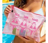 Shein Bolsa de playa de tela de malla impermeable multicolor de moda, bolsa de maquillaje con impresión de color "SEA SUN SAND", tema de playa, bolsa de cos