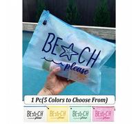 Shein Bolsa de playa impermeable de moda con texto "Beach Please" y patrón de estrella de mar, bolsa cosmética transparente de gran capacidad, diseño de cre