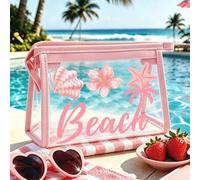 Shein Bolsa de playa impermeable de PVC con estampado "Beach" (con decoración de conchas y estrellas de mar) -- Bolsa de aseo de PVC, bolsa organizadora de