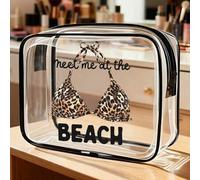 Shein Bolsa de playa impermeable de PVC con estampado de letras "Beach Rendezvous", estampado de bikini, material de PVC, se puede usar como bolsa de aseo,