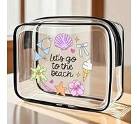 Shein Bolsa de playa impermeable de PVC con estampado de letras "Vamos a la playa", con conchas y estrellas de mar, bolsa de cosméticos de PVC, bolsa organi