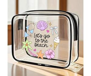 Shein Bolsa de playa impermeable de PVC con estampado de letras "Vamos a la playa", con conchas y estrellas de mar, bolsa de cosméticos de PVC, bolsa organi