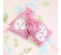 Shein Bolsa de revelación de género para bebé imitación de lino azul y rosa con estampado de patrones de pie, bolsita de 10*14CM, bolsa de lino para regalo