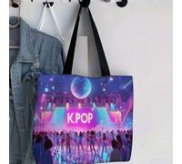 Shein Bolsa de tela estilo K-POP Dance Party - Diseño de iluminación de escenario K-POP con letras en rosa neón, bolsa de compras para conciertos, escuela,