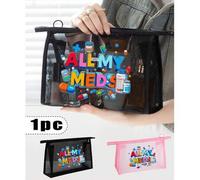 Shein Bolsa portátil de almacenamiento de malla de nailon con estampado de botellas de medicina y píldoras "All My Medicas", bolsa de maquillaje de uso múlt