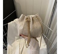 Shein Bolso de cubo de paja tejida con cadena dorada con cordón, bolso de playa, bolso de vacaciones para verano, bolso de playa, perfecto para verano, vaca