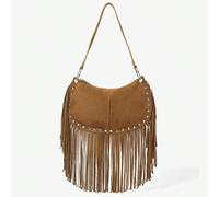Shein Bolso de hombro de ante marrón con flecos y remaches, estilo Y2K retro, versátil, sencillo, dulce y cool, para mujer, moda urbana personalizada, uso d