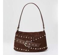Shein Bolso de hombro de ante marrón oscuro con hebilla y tachuelas, otoño, invierno, Halloween, Navidad, Año Nuevo, lindo, rave, festival, fiesta, disco, s